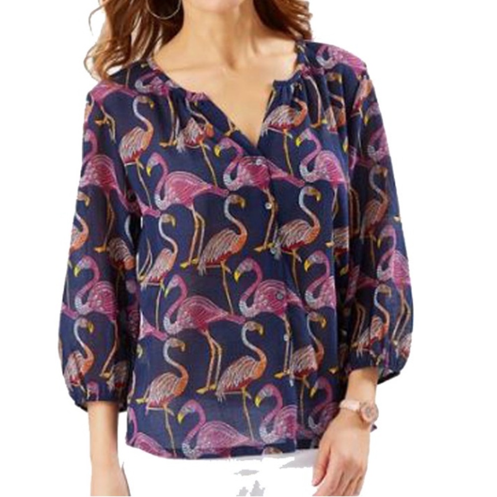 Tommy Bahama Women’s Let's Flamingle Gauze Blouse Top Small 3/4 Sleeves Tropical